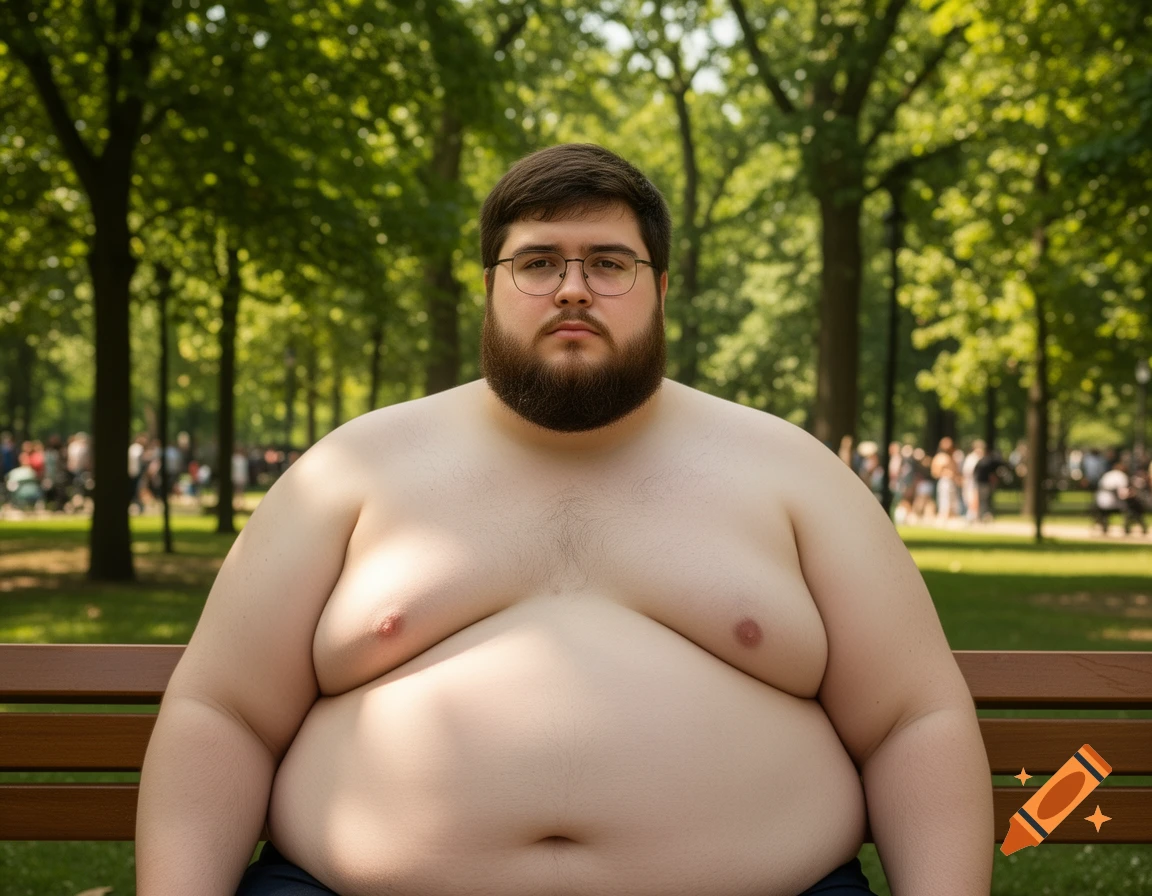 A very obese man with a beard and glasses sits shirtless on a park bench outdoors.
