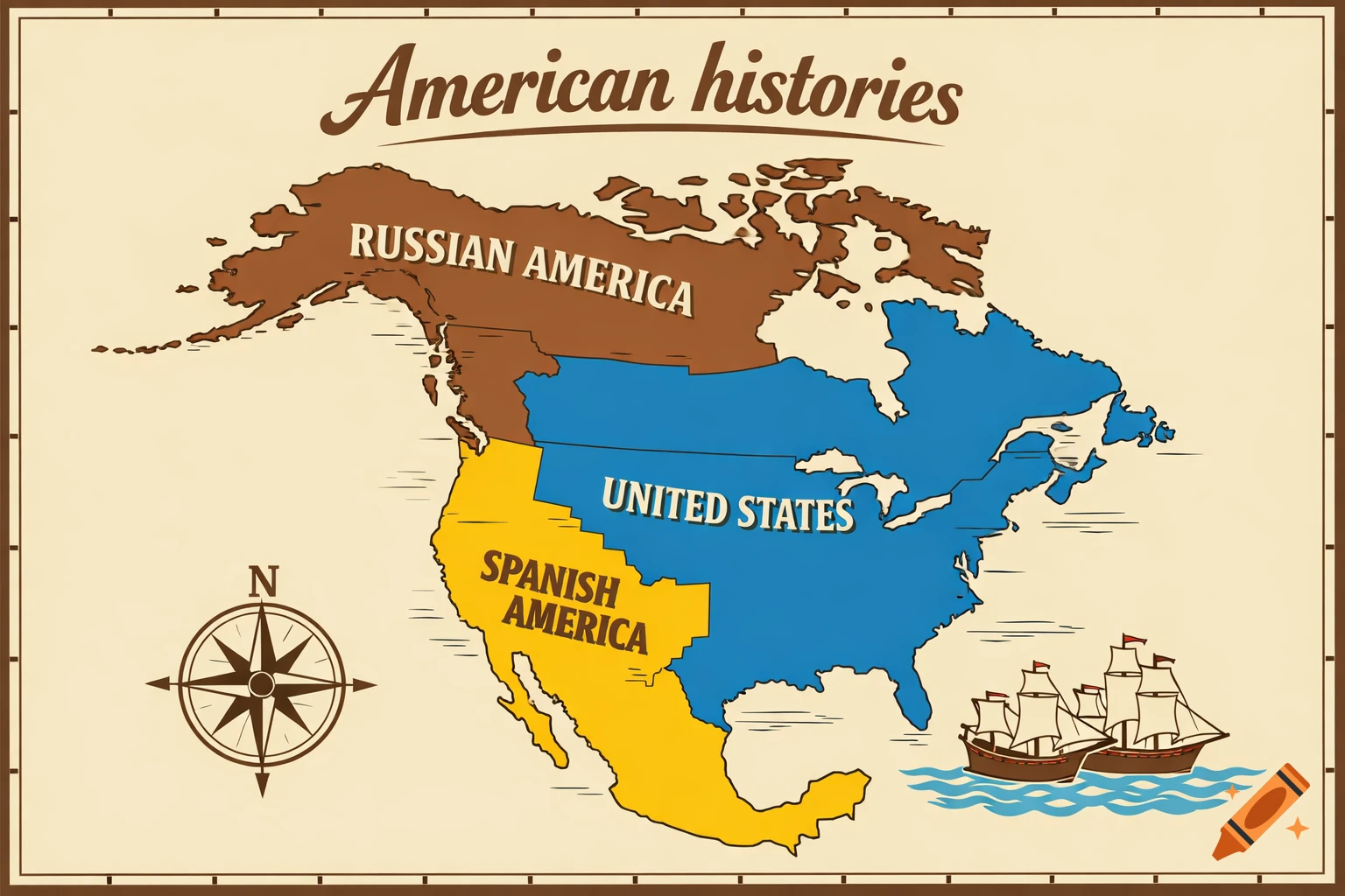 An illustrated vintage map of North America, divided into Russian America, United States, and Spanish America, with a compass rose and ships.