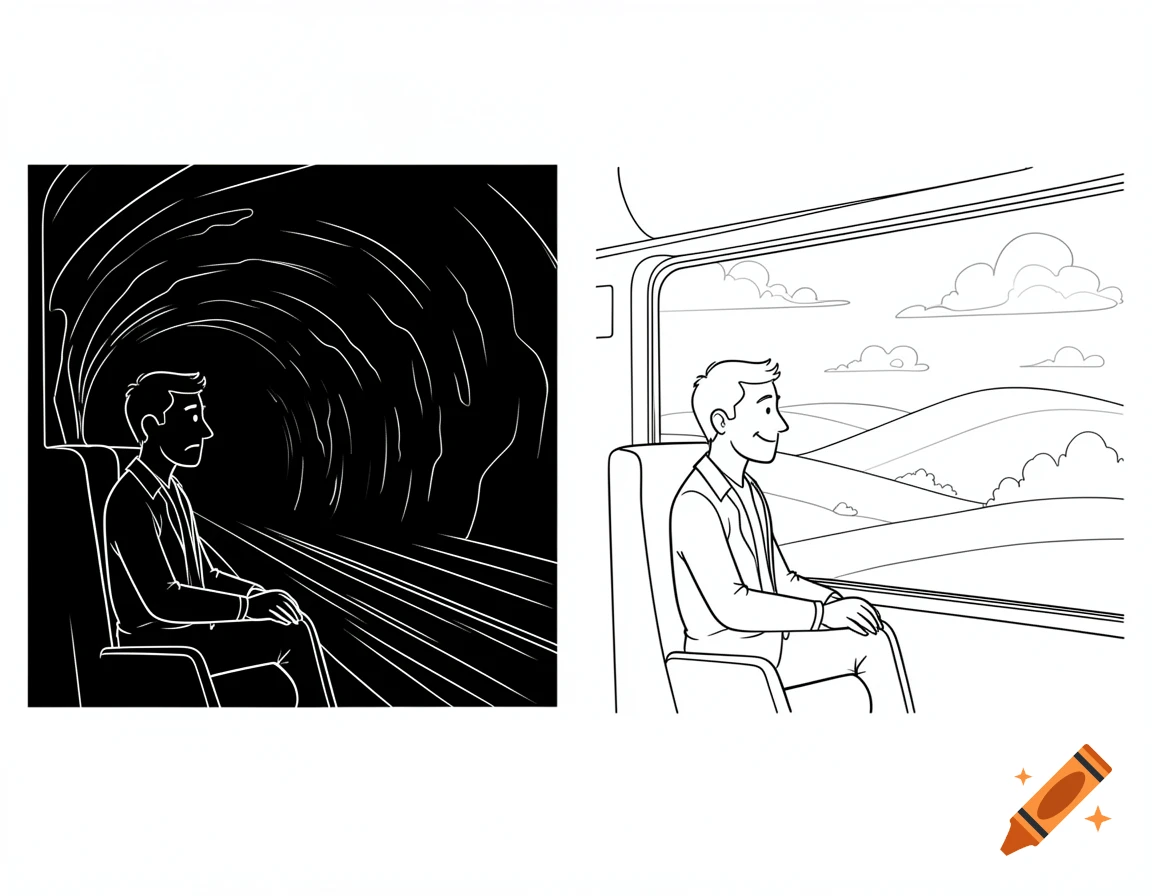 Two black-and-white line drawings of a man on a train: unhappy in a dark tunnel, happy in a bright landscape.