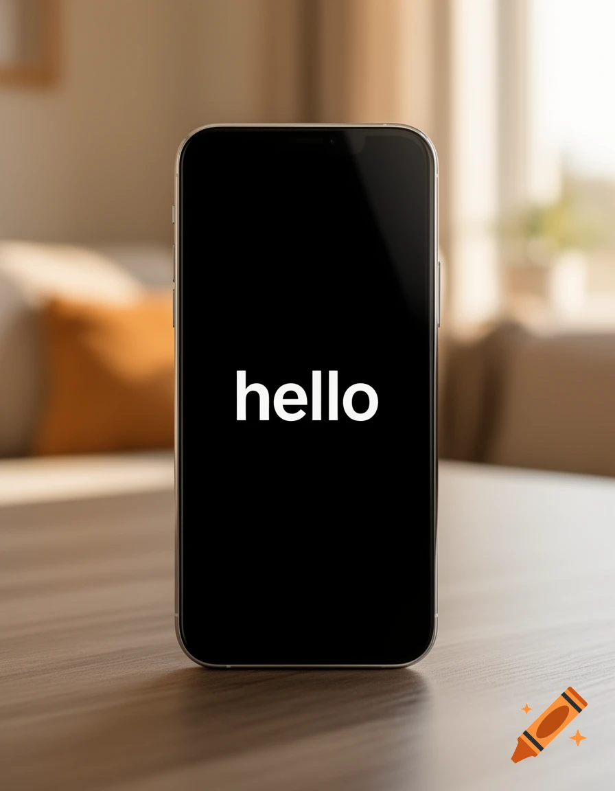 Photorealistic image of a smartphone displaying the word 'hello' on its black screen, standing on a wooden table in an indoor setting.