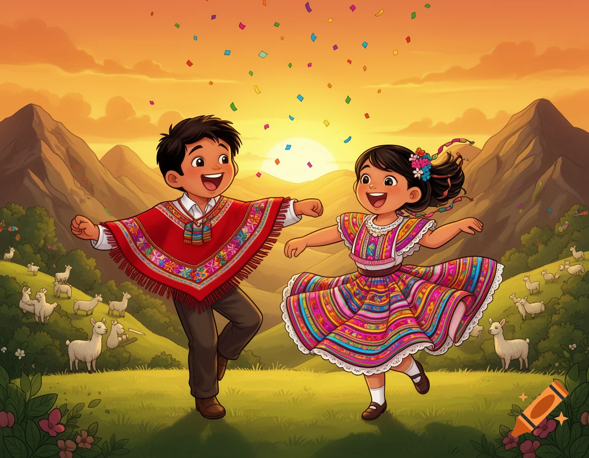 Two smiling cartoon Peruvian children dance in traditional clothing with confetti falling, amidst grassy hills, mountains, and llamas at sunset.