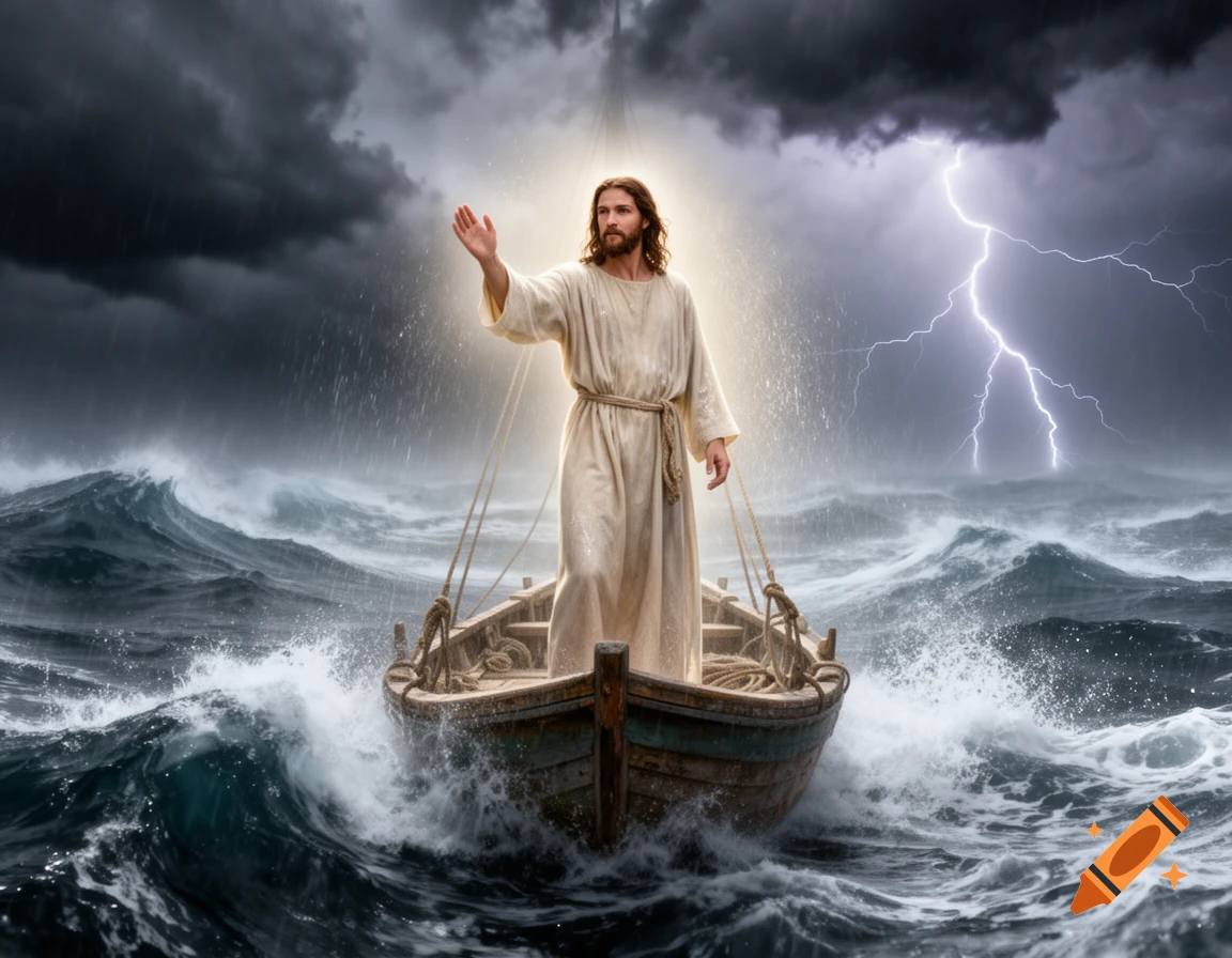 Photorealistic depiction of Jesus standing in a small boat on stormy, dark seas with lightning, raising his hand.