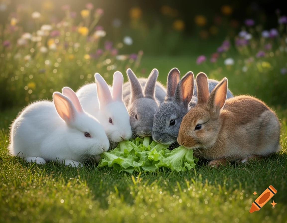 Four baby rabbits, two white, one gray, and one brown, eat lettuce together in a sun-dappled grassy field with wildflowers.