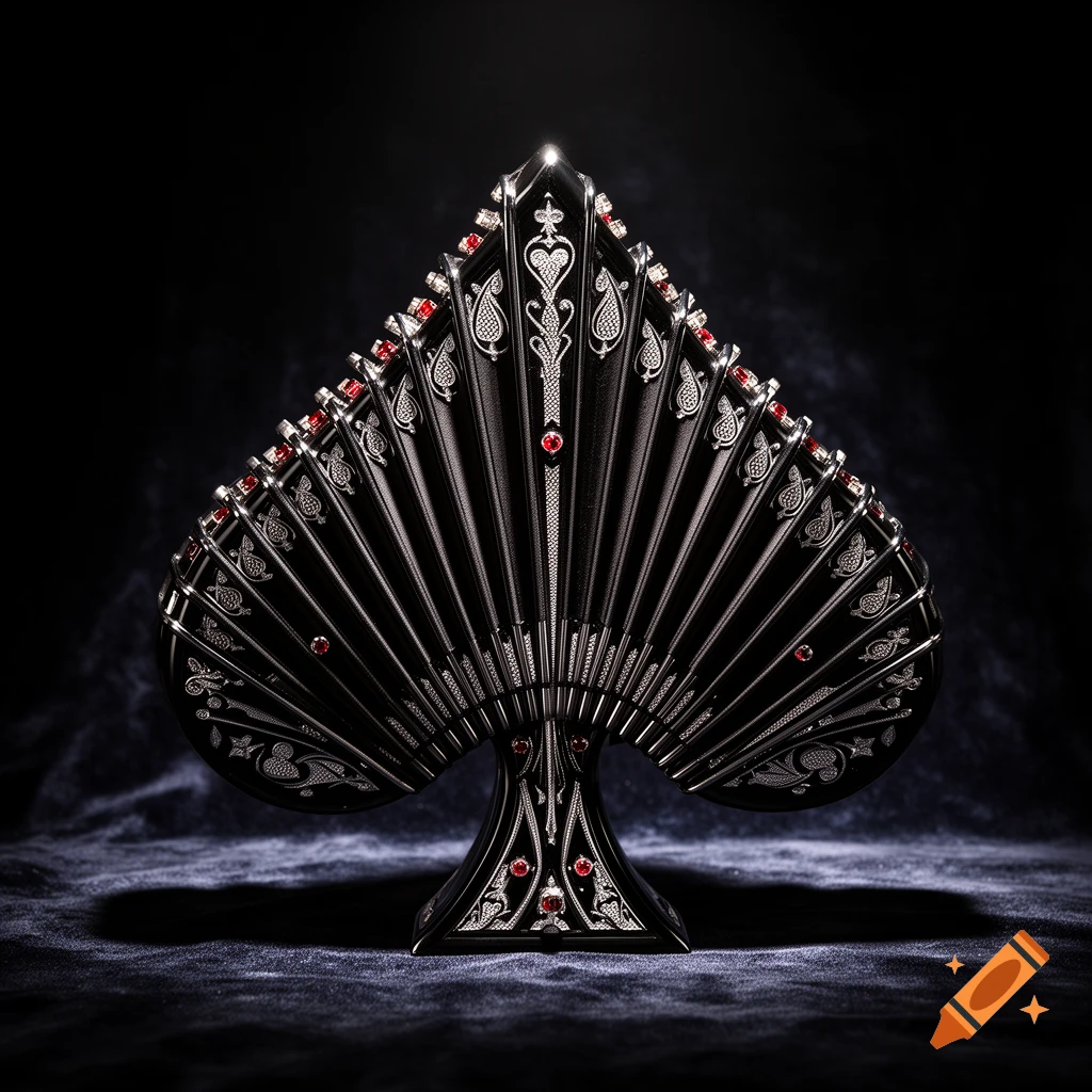 An ornate black spade-shaped object with silver filigree and red jewels, resembling an accordion, on a dark textured surface.