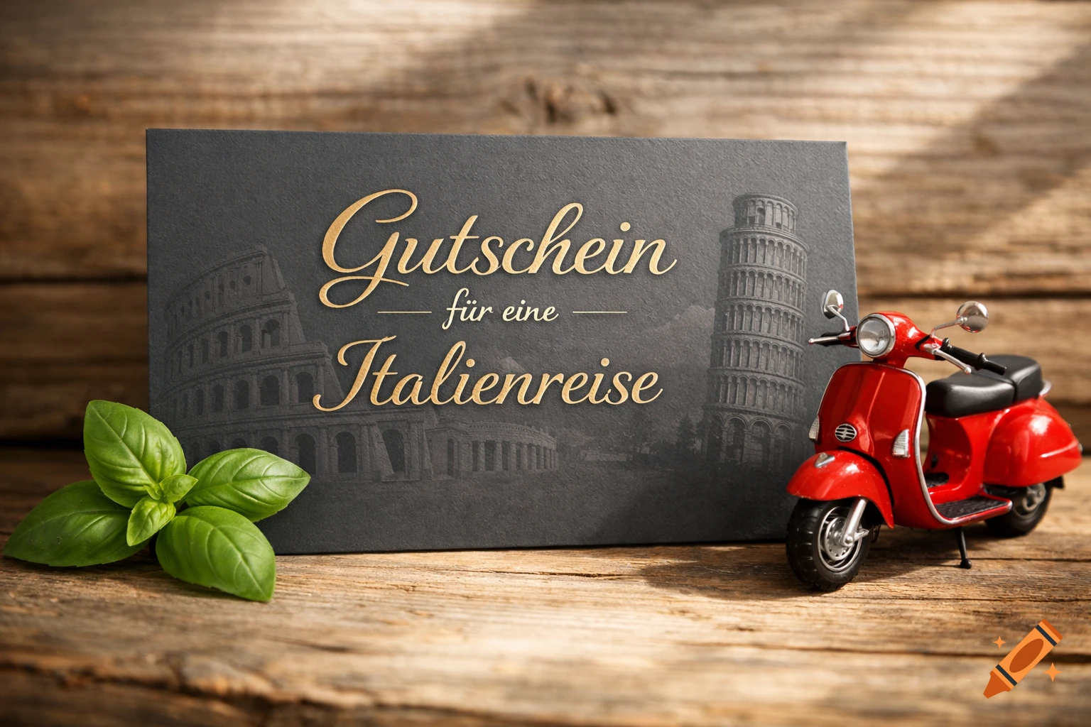A photorealistic image of a gift voucher for an Italy trip, a red toy Vespa scooter, and basil leaves on a rustic wooden surface.