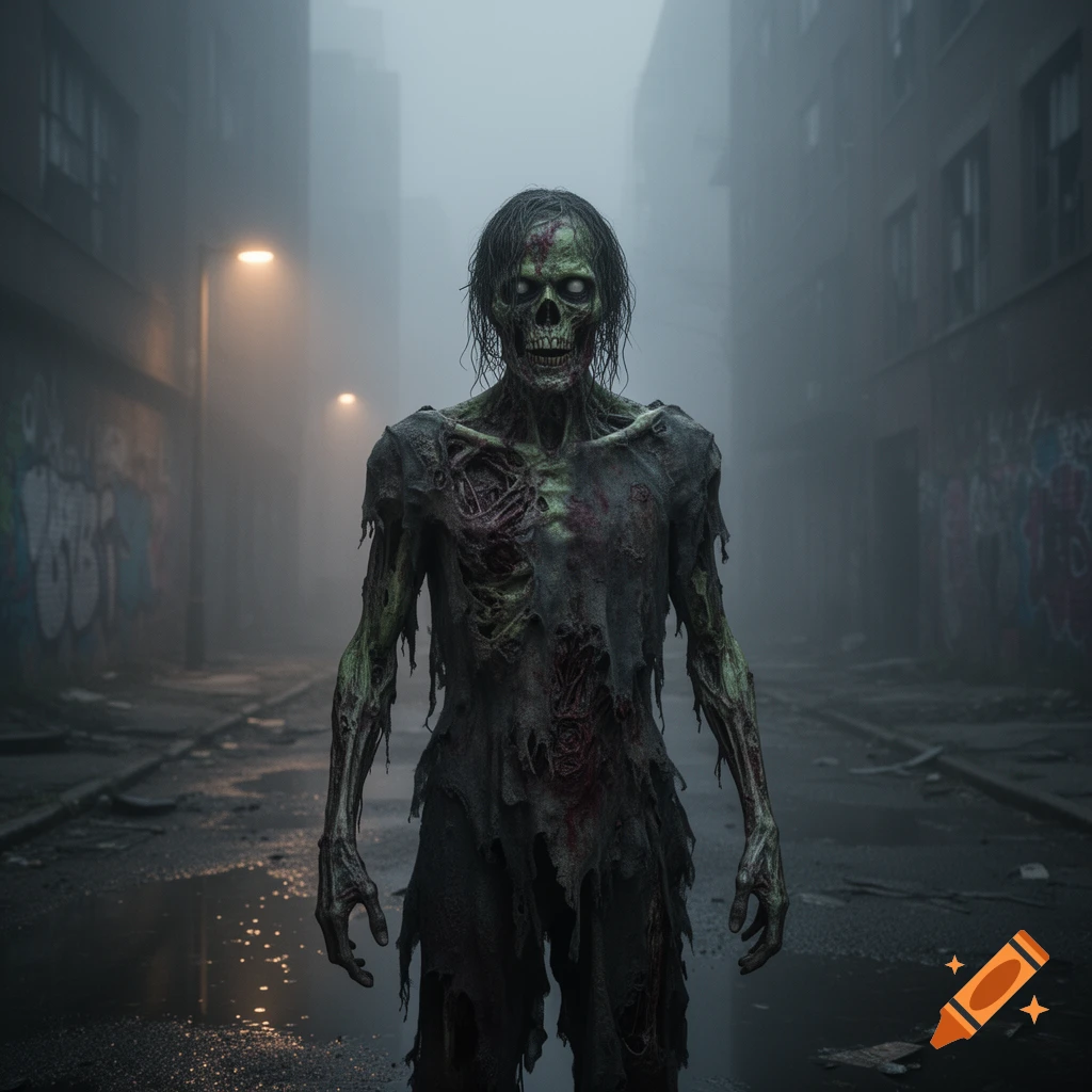 A decaying zombie with green skin and torn clothes stands in a foggy, derelict city alley at night, lit by streetlights.