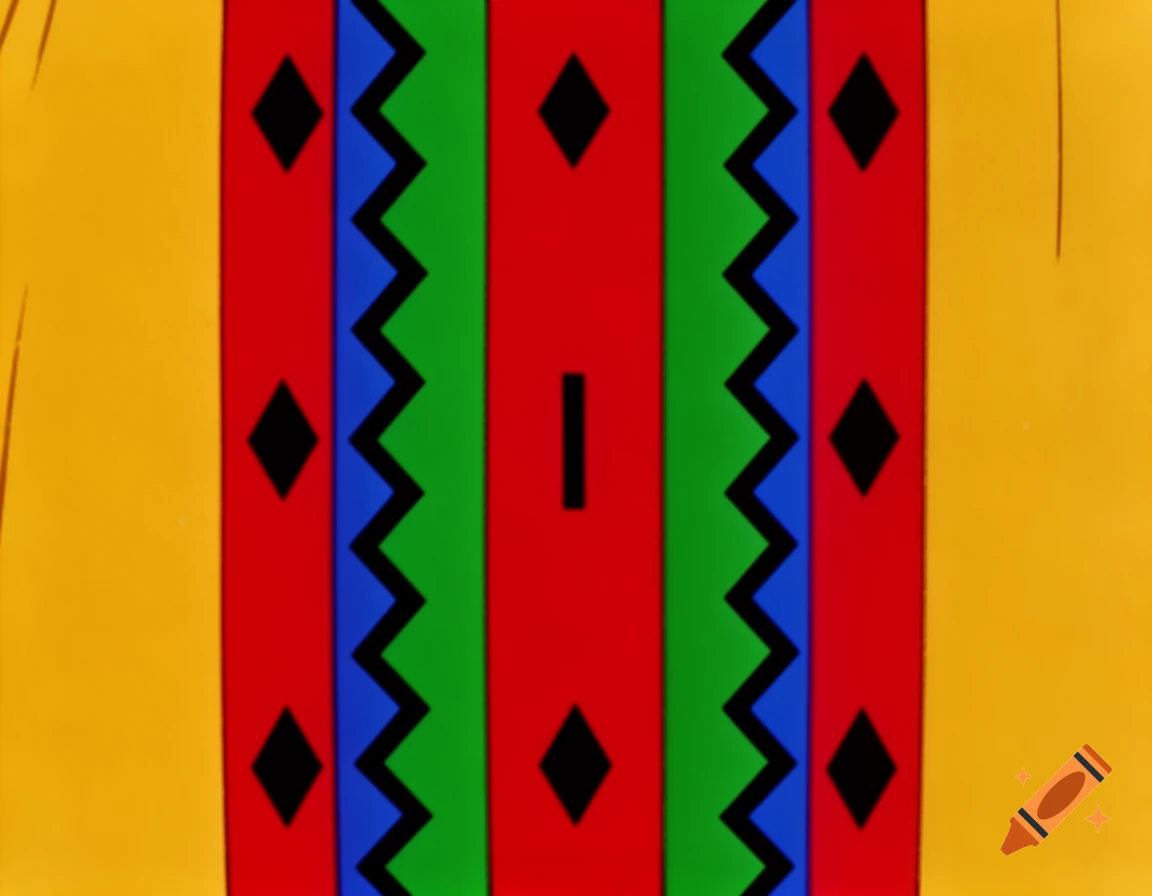 A flat, animated Kente-inspired fabric pattern with gold, red, green, and blue vertical stripes featuring black diamonds, zigzags, and lines.