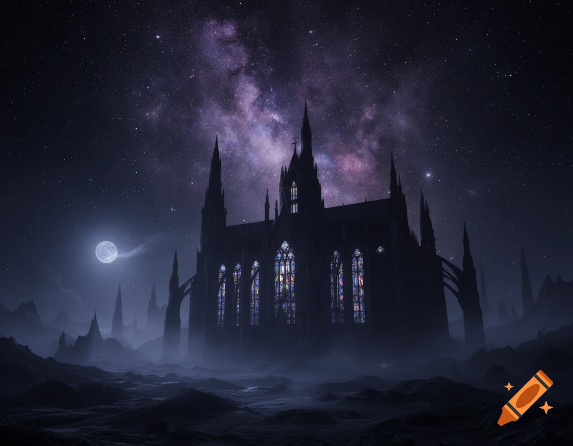 A dark gothic castle with glowing stained glass windows under a starry purple galaxy night and moon, on a misty alien landscape.