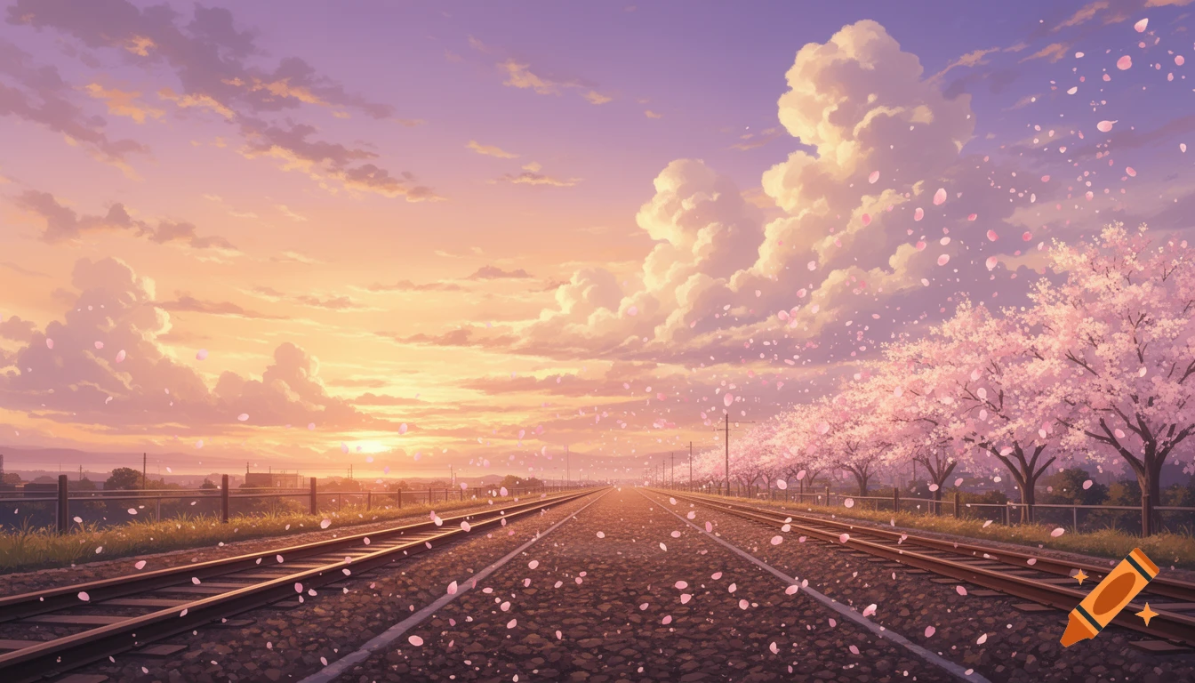 Anime-style landscape at sunset with railway tracks, cherry blossom trees, and pink petals falling, under a purple and orange sky.