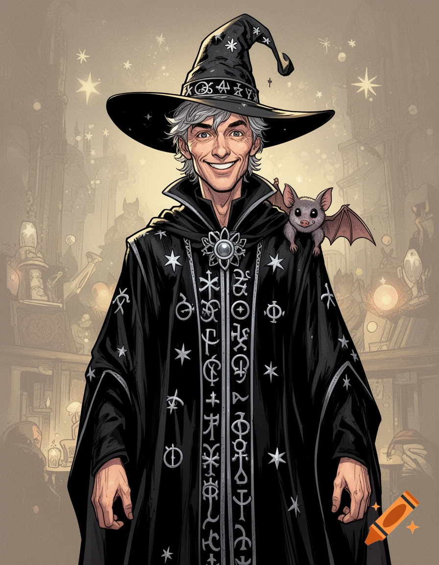 Comic-style illustration of a smiling wizard with gray hair, a black robe with silver symbols and stars, and a bat on his shoulder.