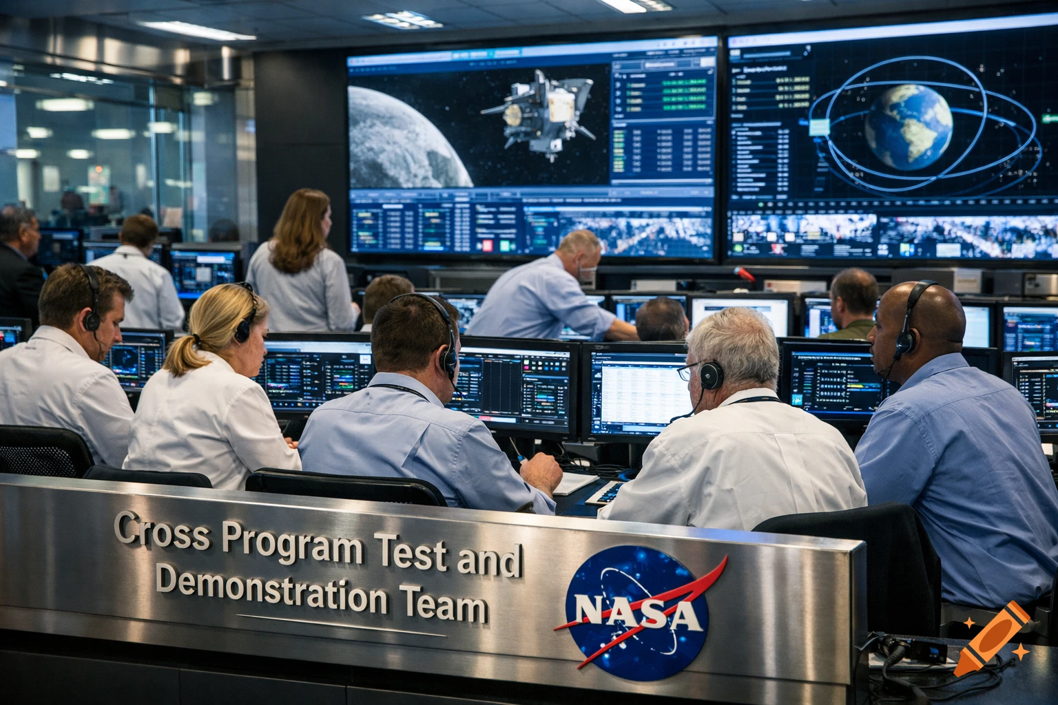 Photorealistic image of NASA personnel working in a space control room, operating computers and monitoring large screens displaying planetary data.