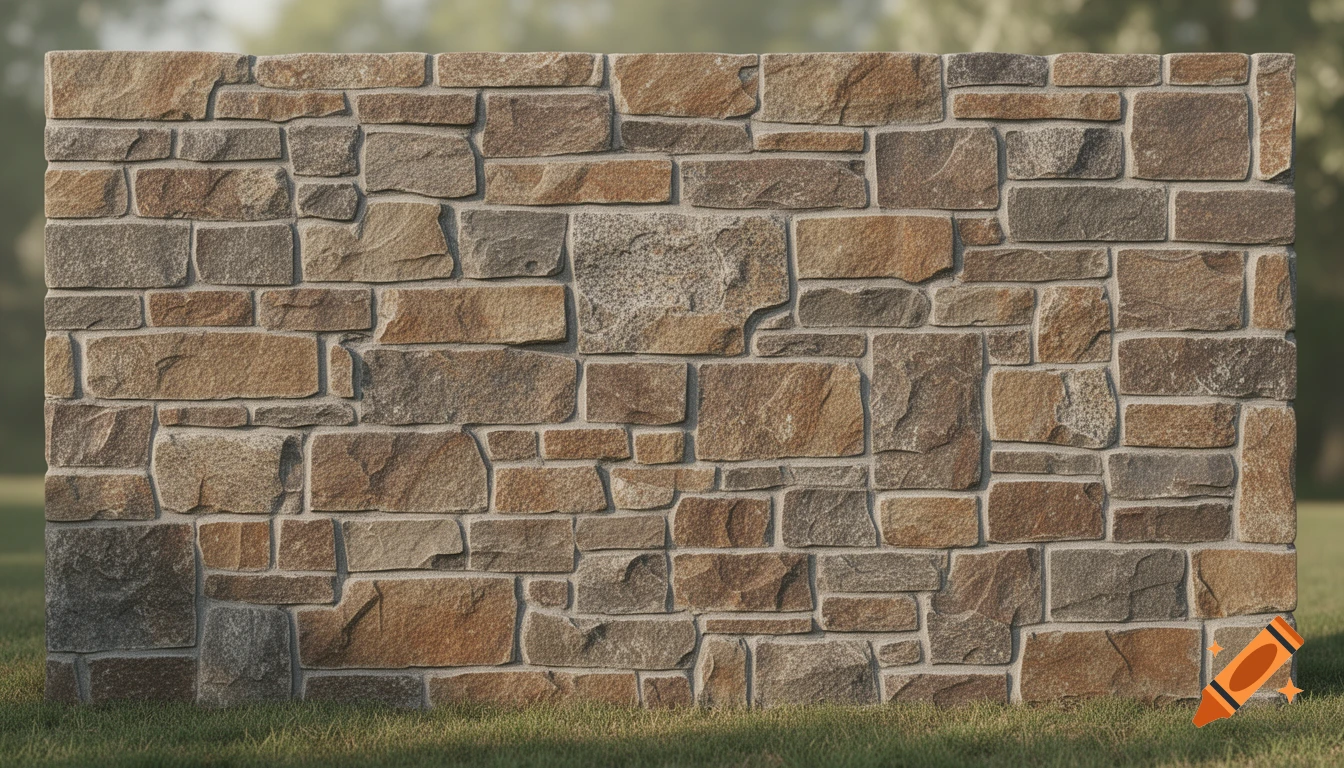 A photorealistic image of a natural fieldstone wall with light gray grout lines, standing on green grass.