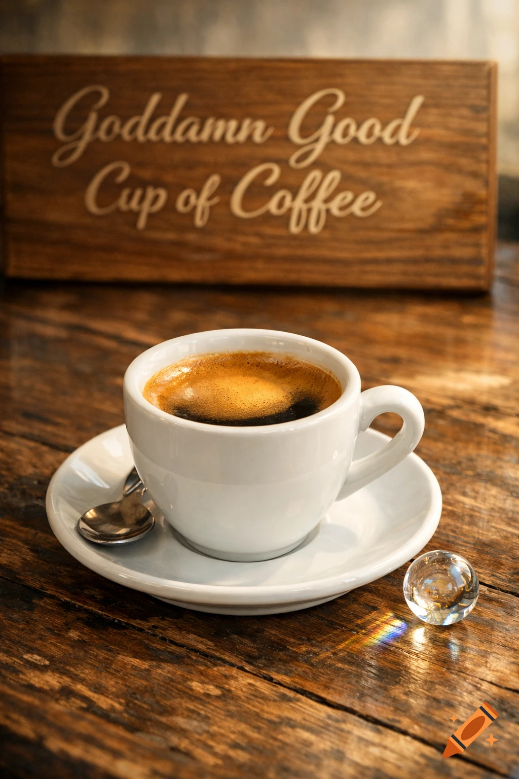 A close-up shot of a fresh espresso in a white cup on a rustic wooden table, with a "Goddamn Good Cup of Coffee" sign in the background. Natural morning light reflects off a clear sphere on the table.