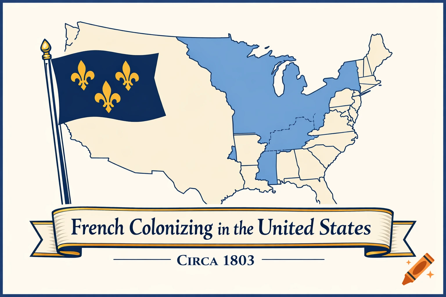 A historical map of the United States, with some central regions highlighted in blue, representing French colonization. A French flag with three gold fleur-de-lis on a blue background is on a flagpole to the left. A banner below reads "French Colonizing in the United States CIRCA 1803".