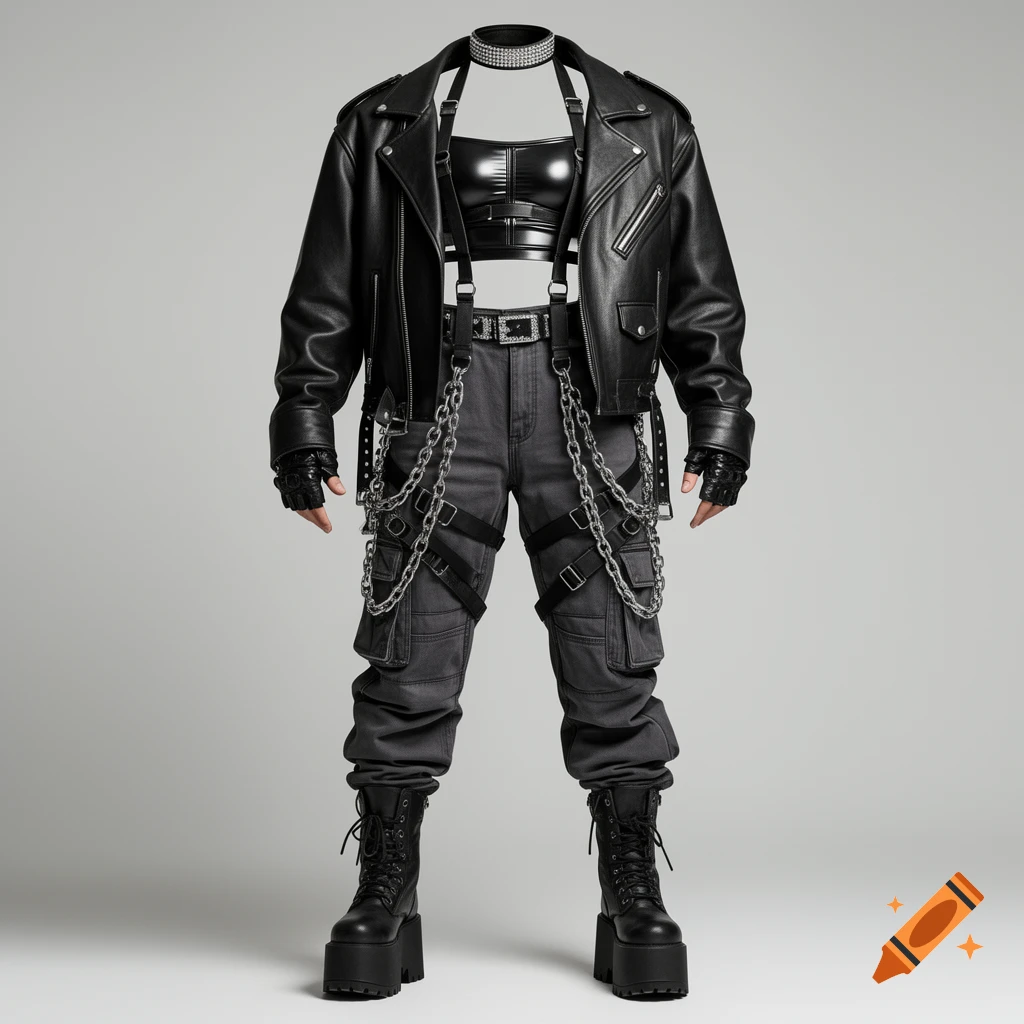 A headless figure models a dark, edgy outfit with a leather jacket, shiny crop top, cargo pants with chains, fingerless gloves, a choker, and platform boots.