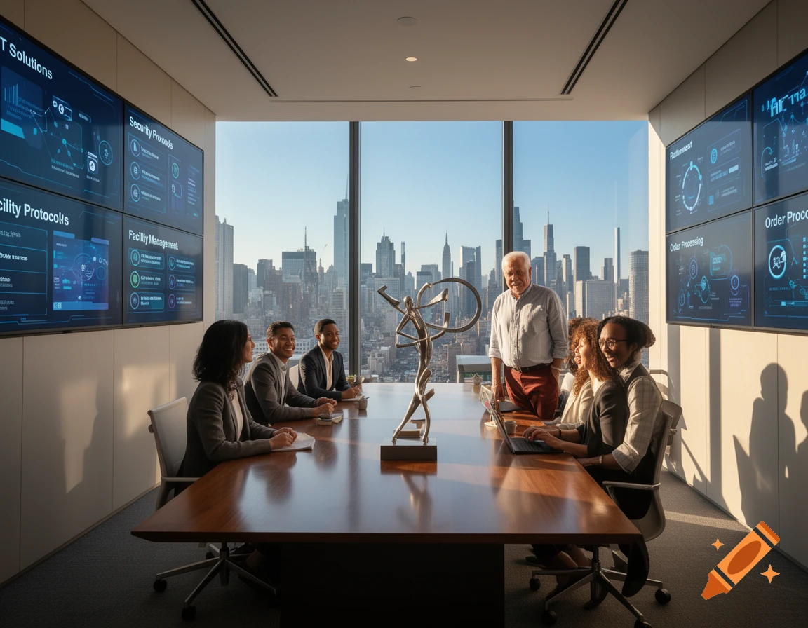 A diverse group of professionals in a modern conference room with large screens displaying data and a city skyline visible through a window.