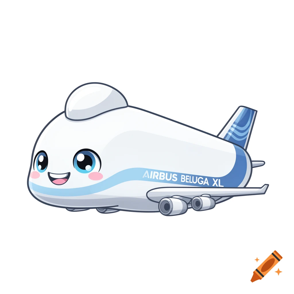 A cute, cartoon-style Airbus Beluga XL airplane with a smiling face and blush on a white background.