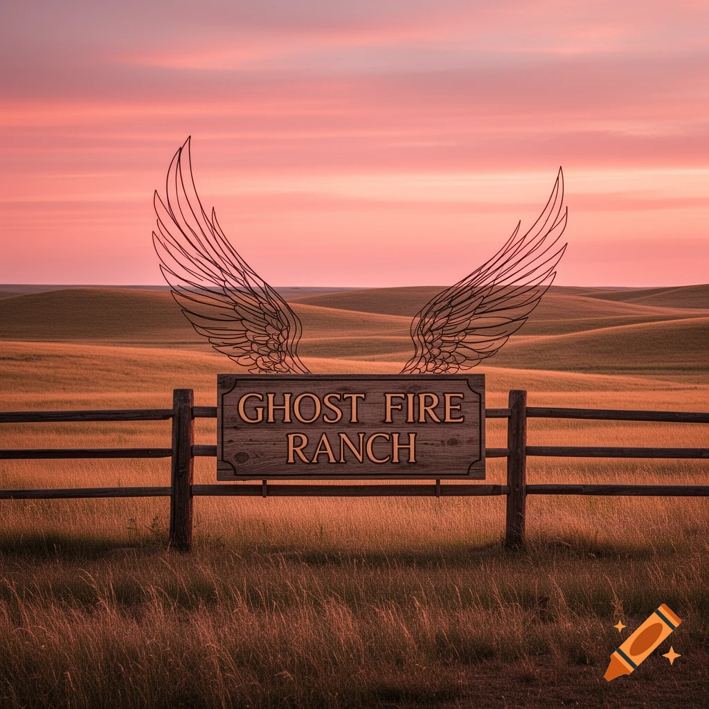 A wooden sign for Ghost Fire Ranch with wireframe wings stands in front of rolling hills at sunset.