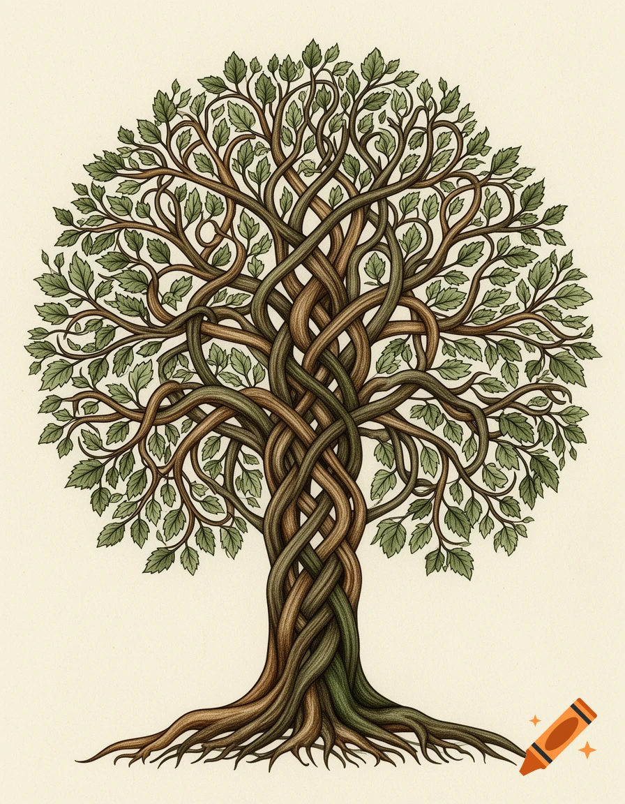 A highly stylized drawing of a beech tree with branches forming intricate Celtic knotwork on a light background.