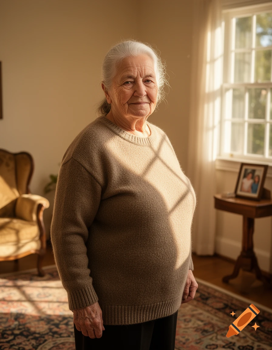 Photorealistic portrait of an elderly woman with white hair, standing in a sunlit room, looking at the camera.