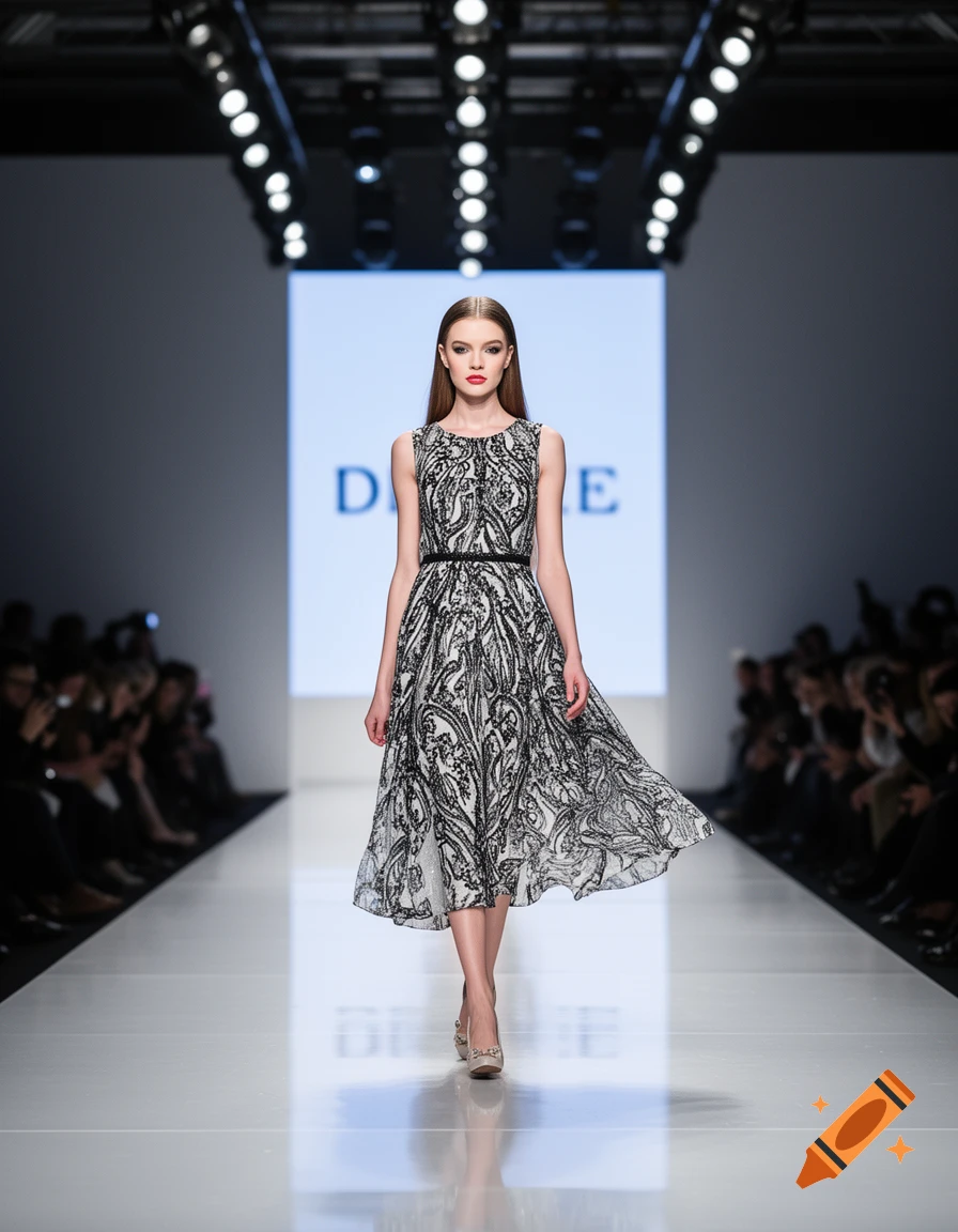 A slender model walks down a brightly lit fashion runway, wearing a black and white patterned dress.