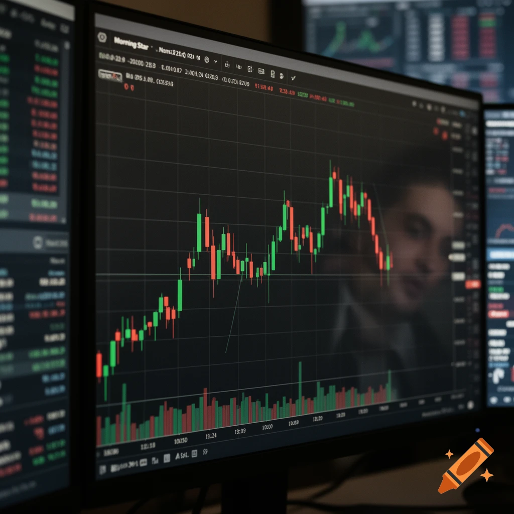 Computer monitor displaying a financial trading chart with green and red candlesticks and a blurred reflection.