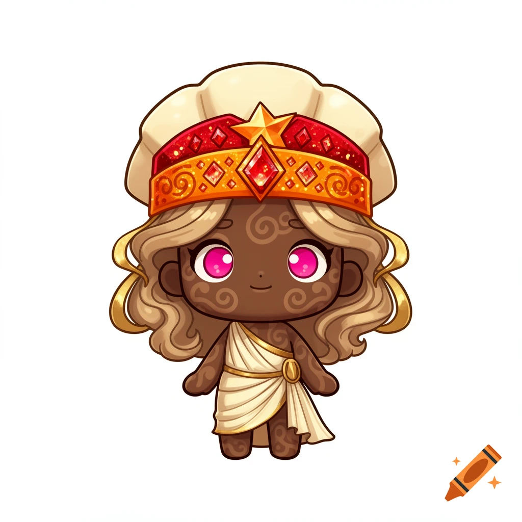 Chibi illustration of a character with dark skin, blonde hair, pink eyes, a red and gold gem-encrusted headdress, and a white Grecian toga.