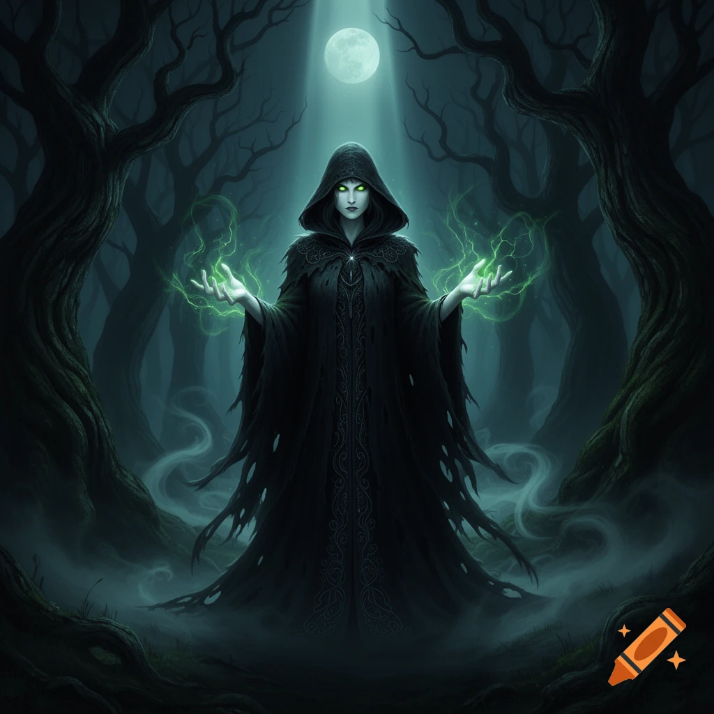 A hooded witch with glowing green eyes casts a spell with green energy in a dark, misty forest under a full moon, dark fantasy style.