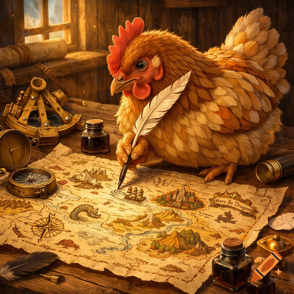A detailed illustration of a chicken drawing on an old map with a quill, surrounded by navigational tools like a compass and sextant.