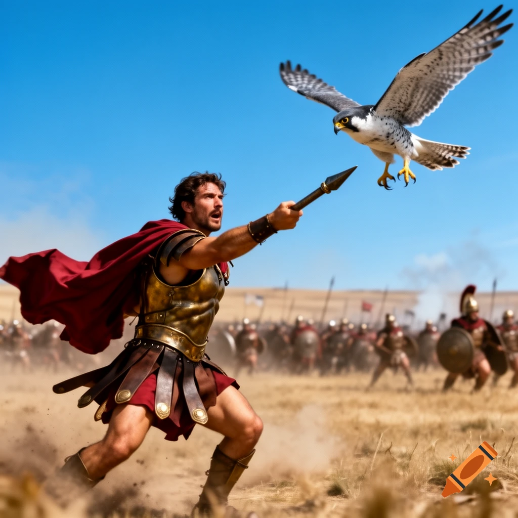 A Spartan warrior in battle armor and red cape lunges with a spear ...