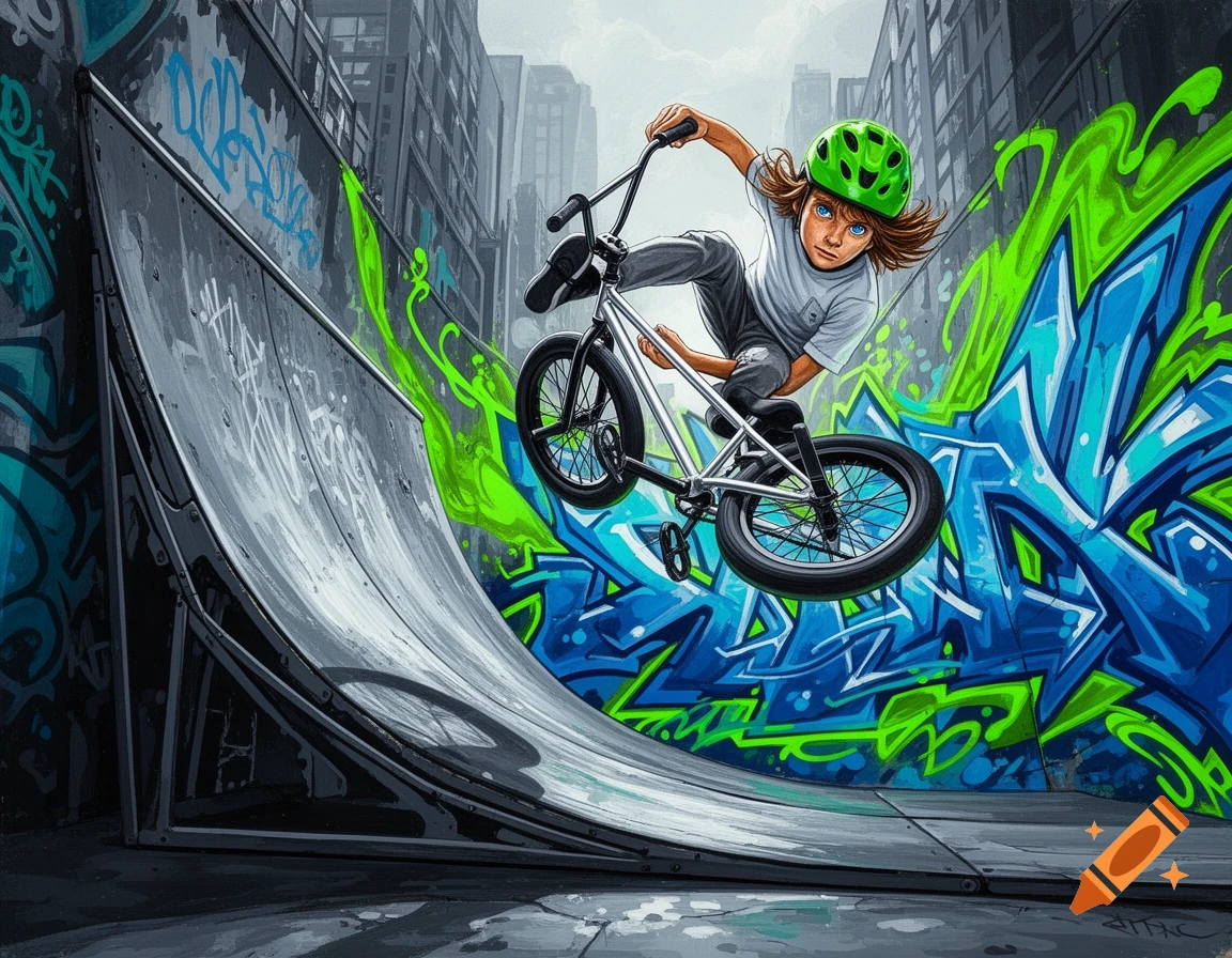 A boy in a green helmet jumps with a silver BMX bike over a ramp, with a vibrant blue and green graffiti-style urban background.