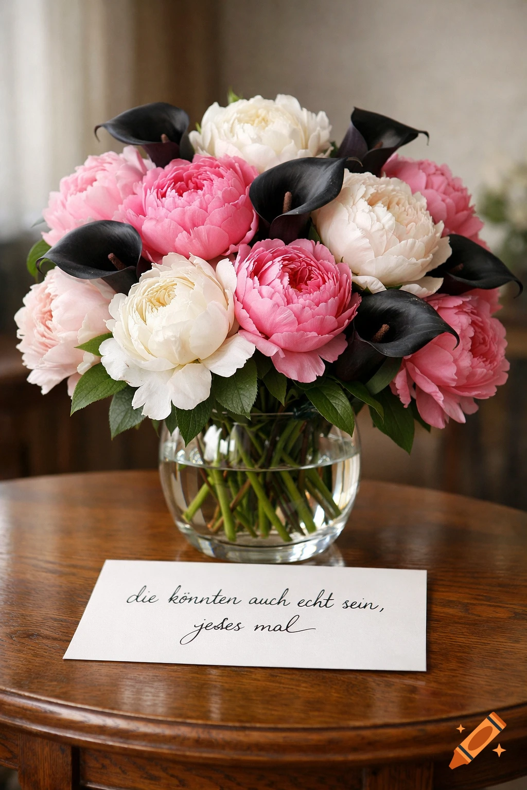 Photorealistic bouquet of pink and white peonies with black calla lilies in a glass vase on a wooden table, with a note card.