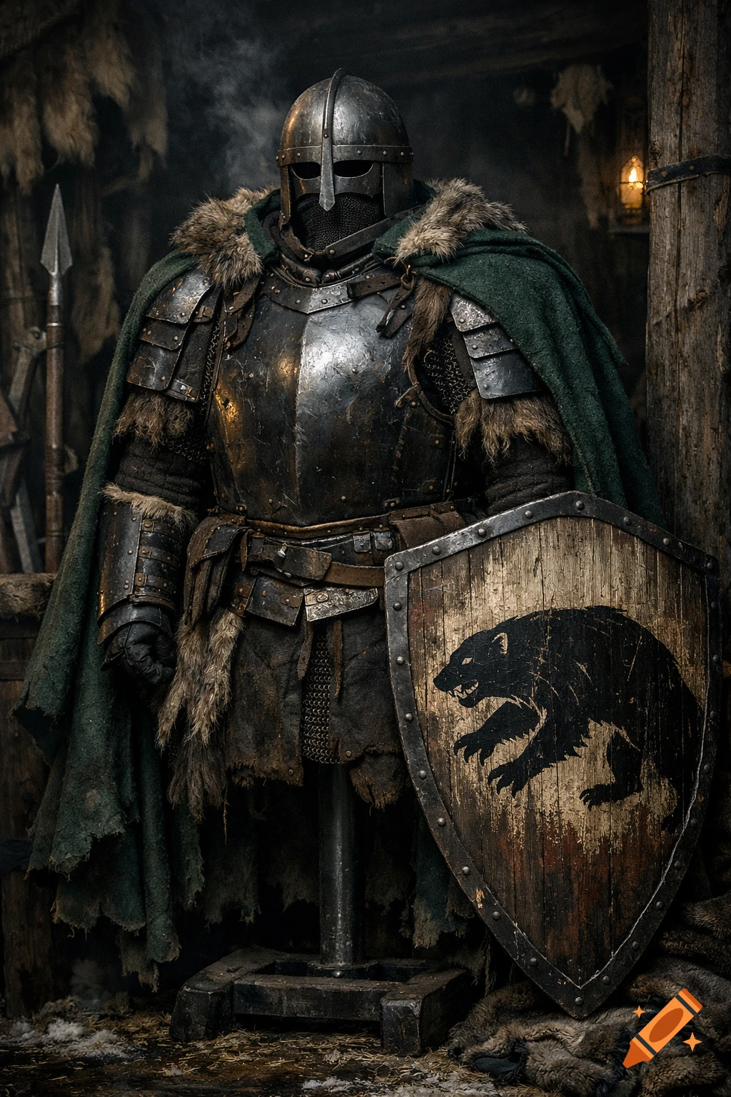 Rugged Northern soldier armor set on a stand, with a dark steel breastplate, fur trim, green cloak, and a shield featuring a black wolverine emblem.