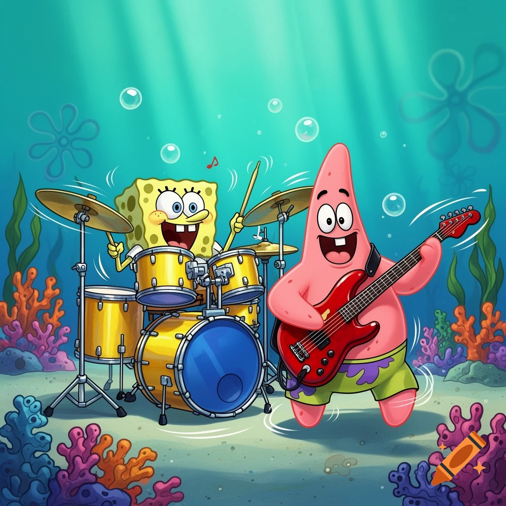 SpongeBob SquarePants plays drums and Patrick Star plays a red electric guitar underwater, surrounded by coral.