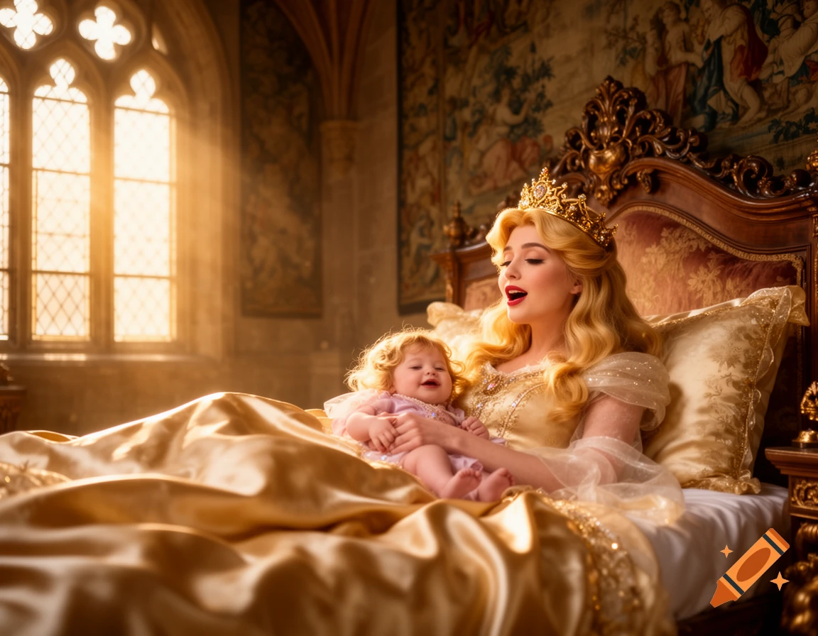 A photorealistic image of a beautiful princess with a crown holding a baby in a lavish bed, bathed in sunlight from a castle window.