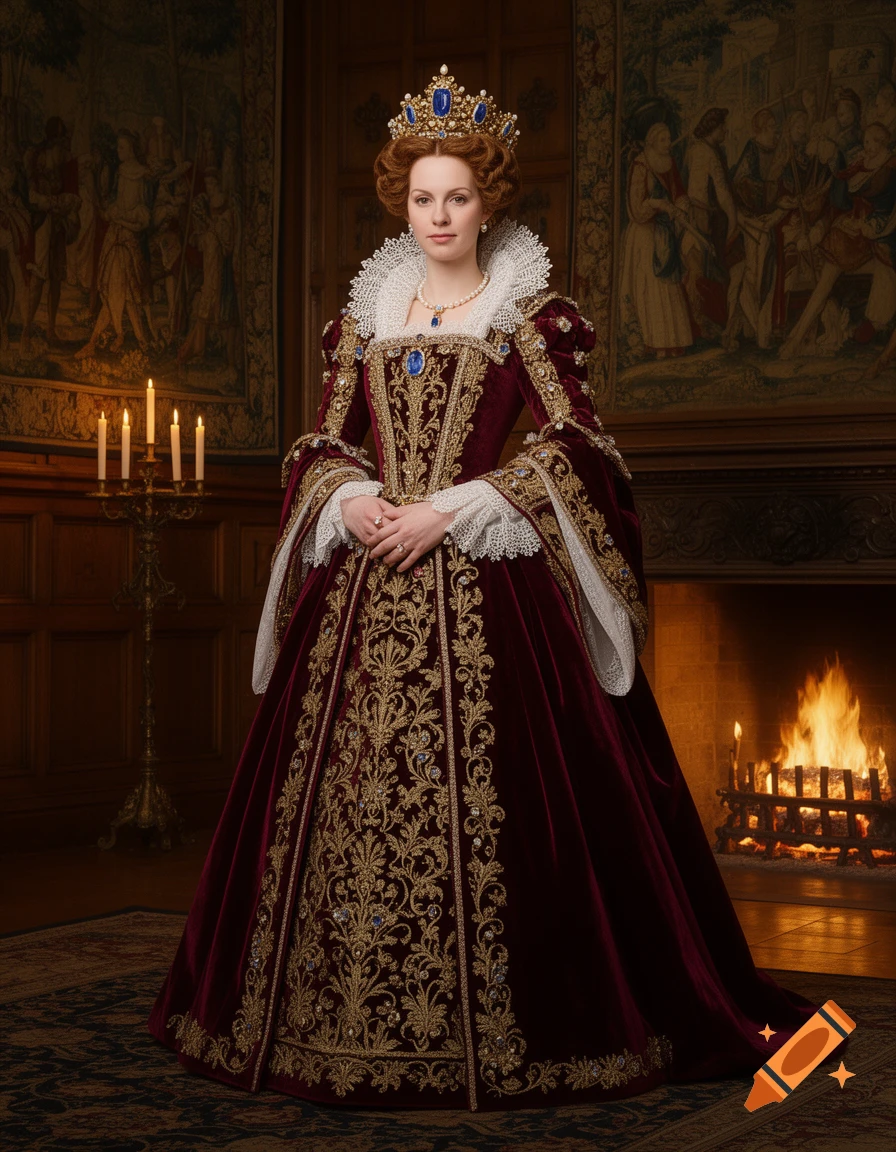 A regal woman in an elaborate red and gold Tudor-era gown, crown, and ruff stands in a grand room with a fireplace and tapestries.