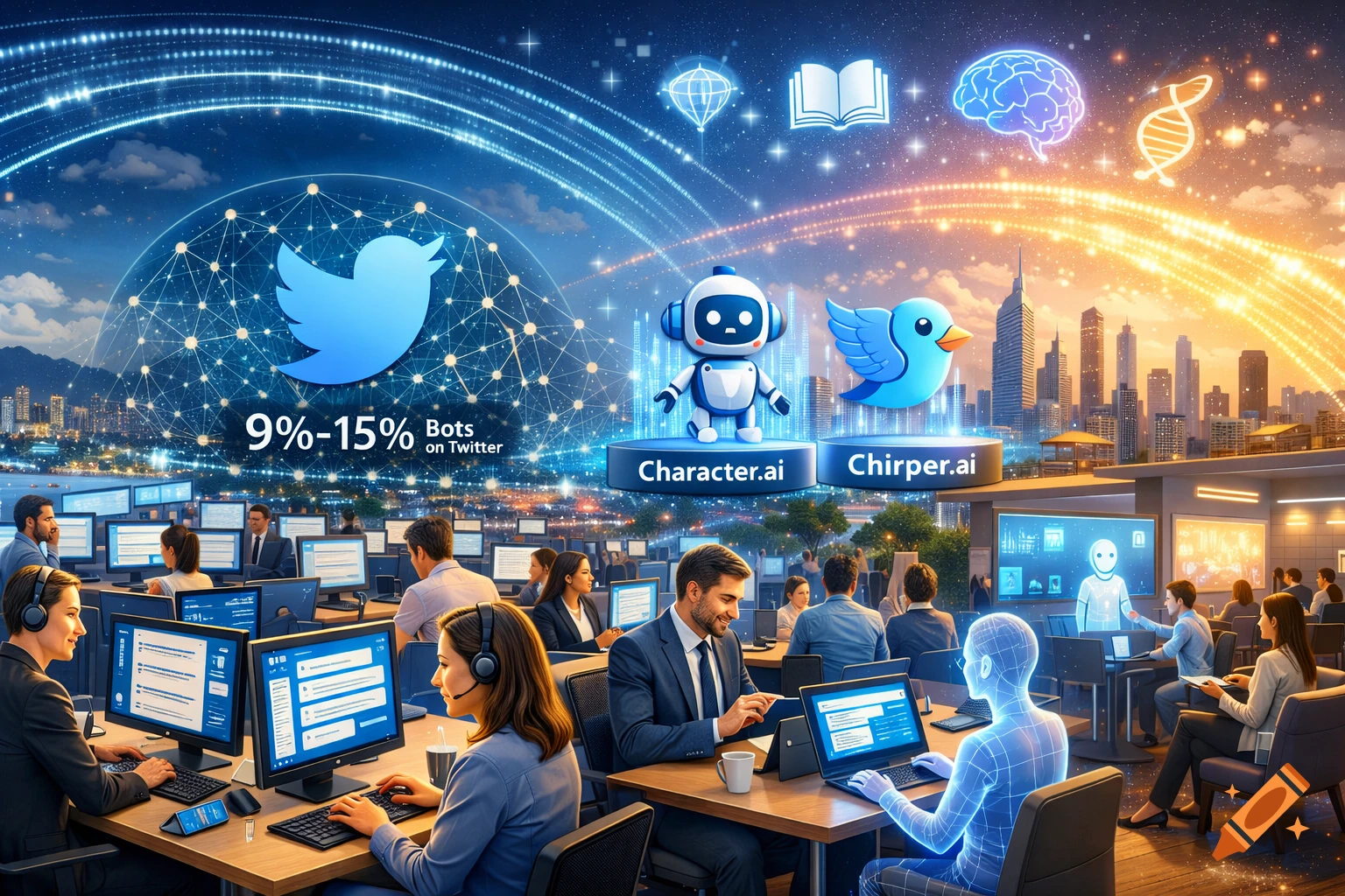 A futuristic office with people on computers, Twitter logo showing bot percentages, Character.ai and Chirper.ai icons under a data network sky.