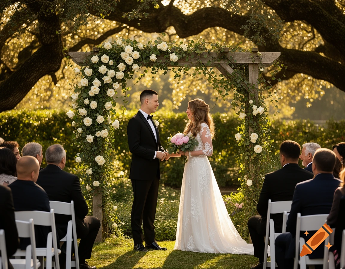 Photorealistic image of a bride and groom under a white rose arch in a sun-dappled outdoor wedding ceremony.