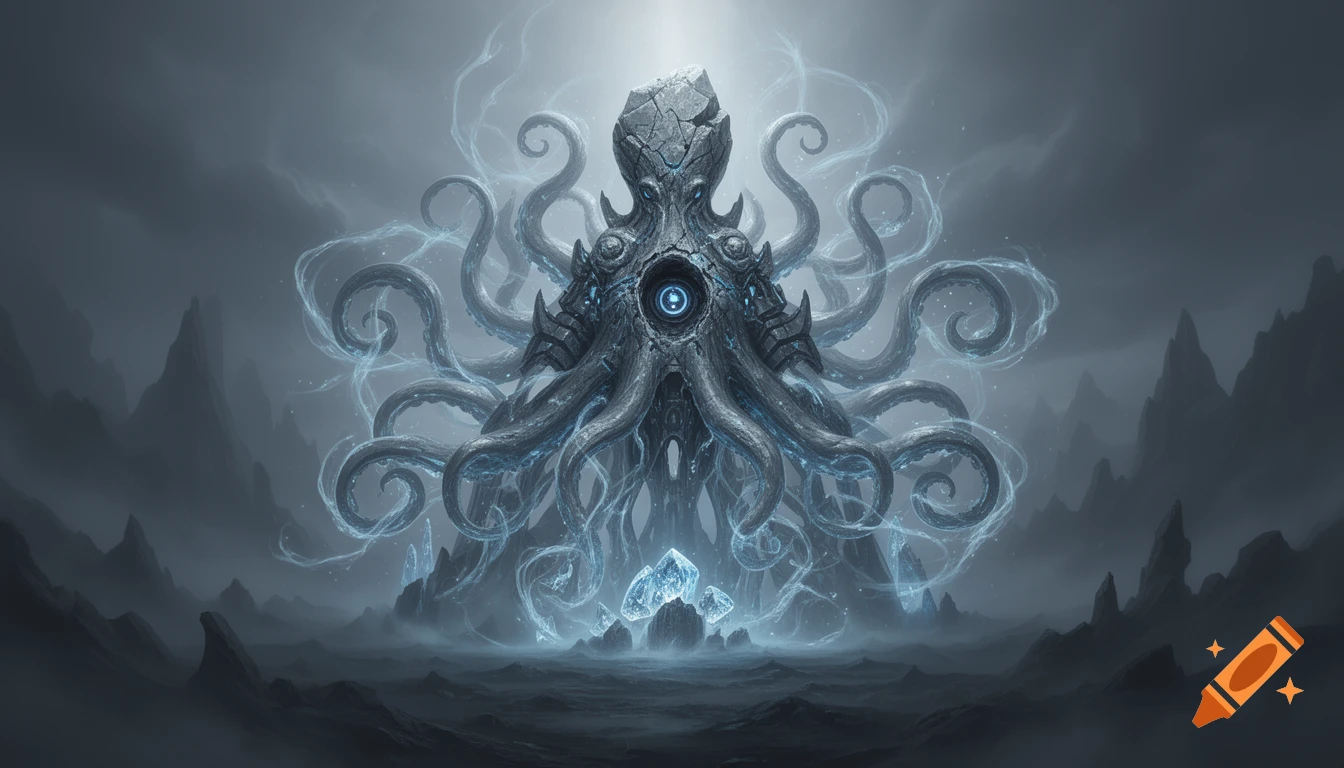 A colossal, dark gray stone entity resembling an octopus, with glowing blue elements, stands in a misty, rocky landscape.