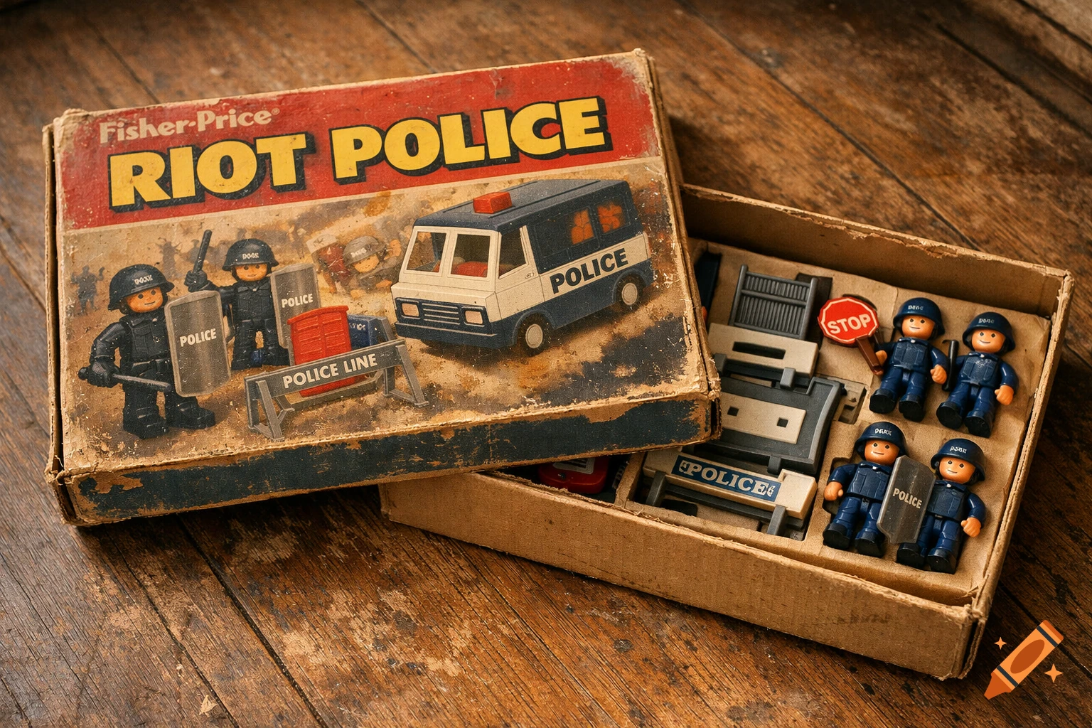 An open, faded 1970s Fisher-Price "Riot Police" toy box on a wooden table, revealing toy police figures, a van, and accessories inside.