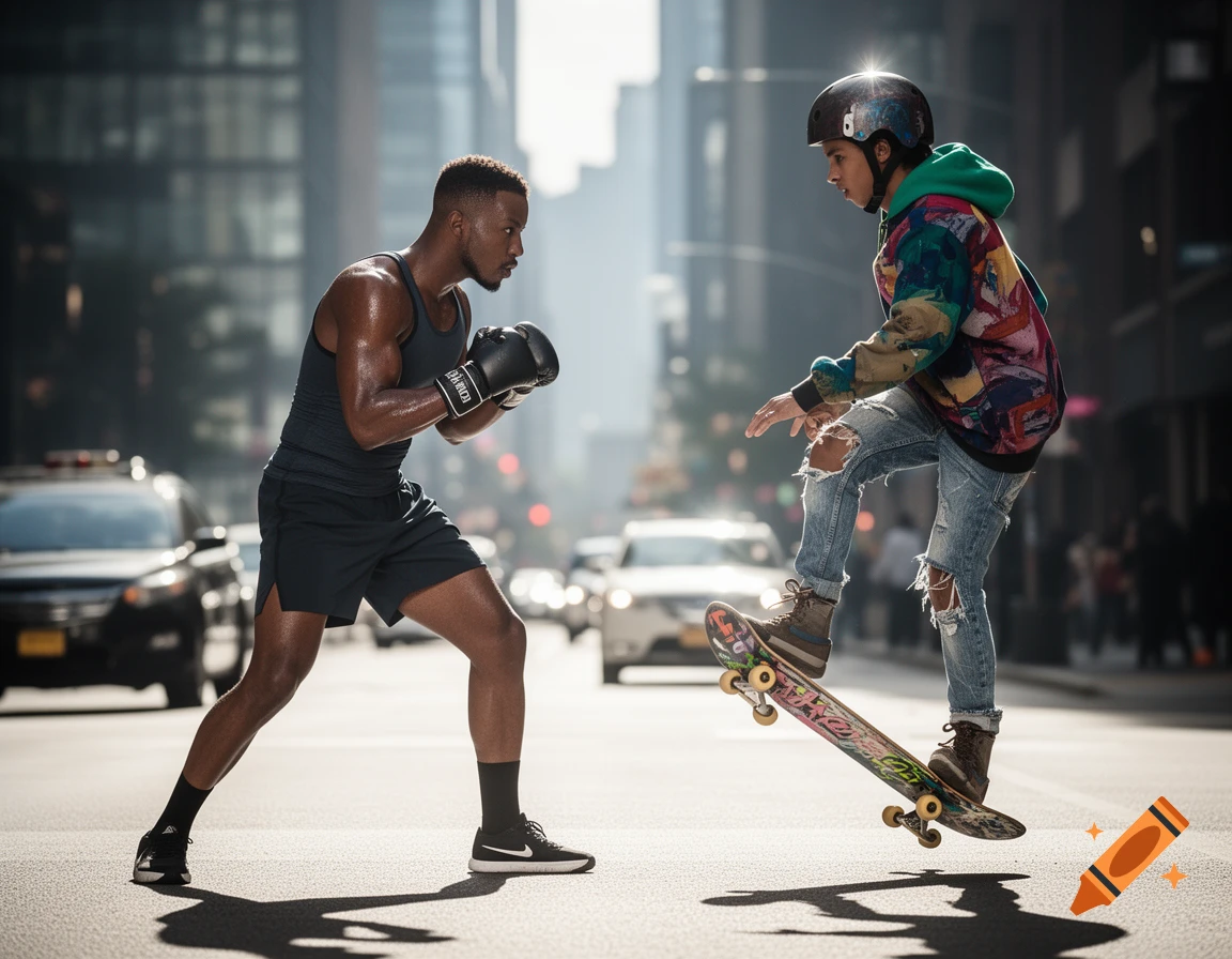 A photorealistic image of a boxer in a fighting stance on a city street, facing a skateboarder balancing on their board.