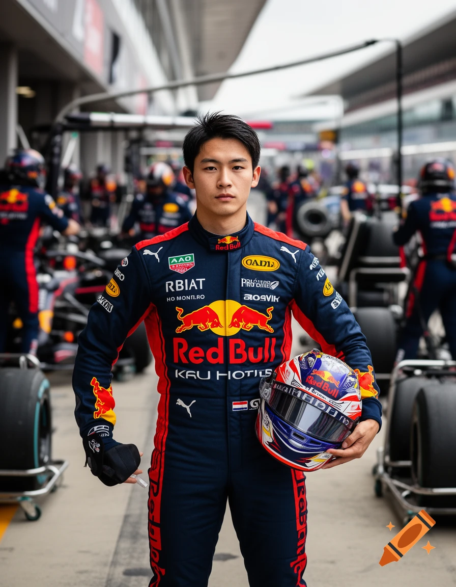 A young male race car driver in a dark blue and red Red Bull racing suit, holding a helmet, stands in a pit lane.
