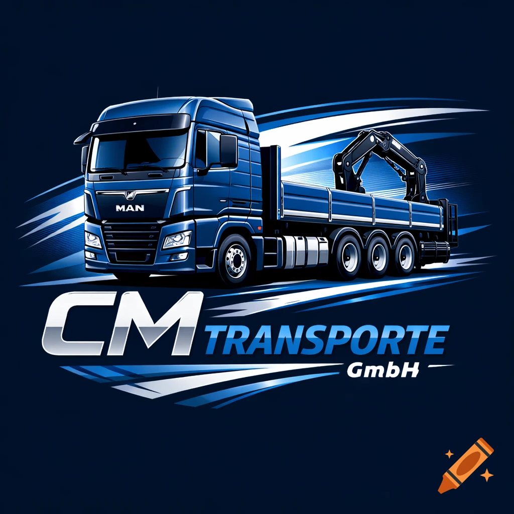 Stylized illustration of a blue MAN TGX truck with a flatbed and crane, and the logo CM TRANSPORTE GmbH.