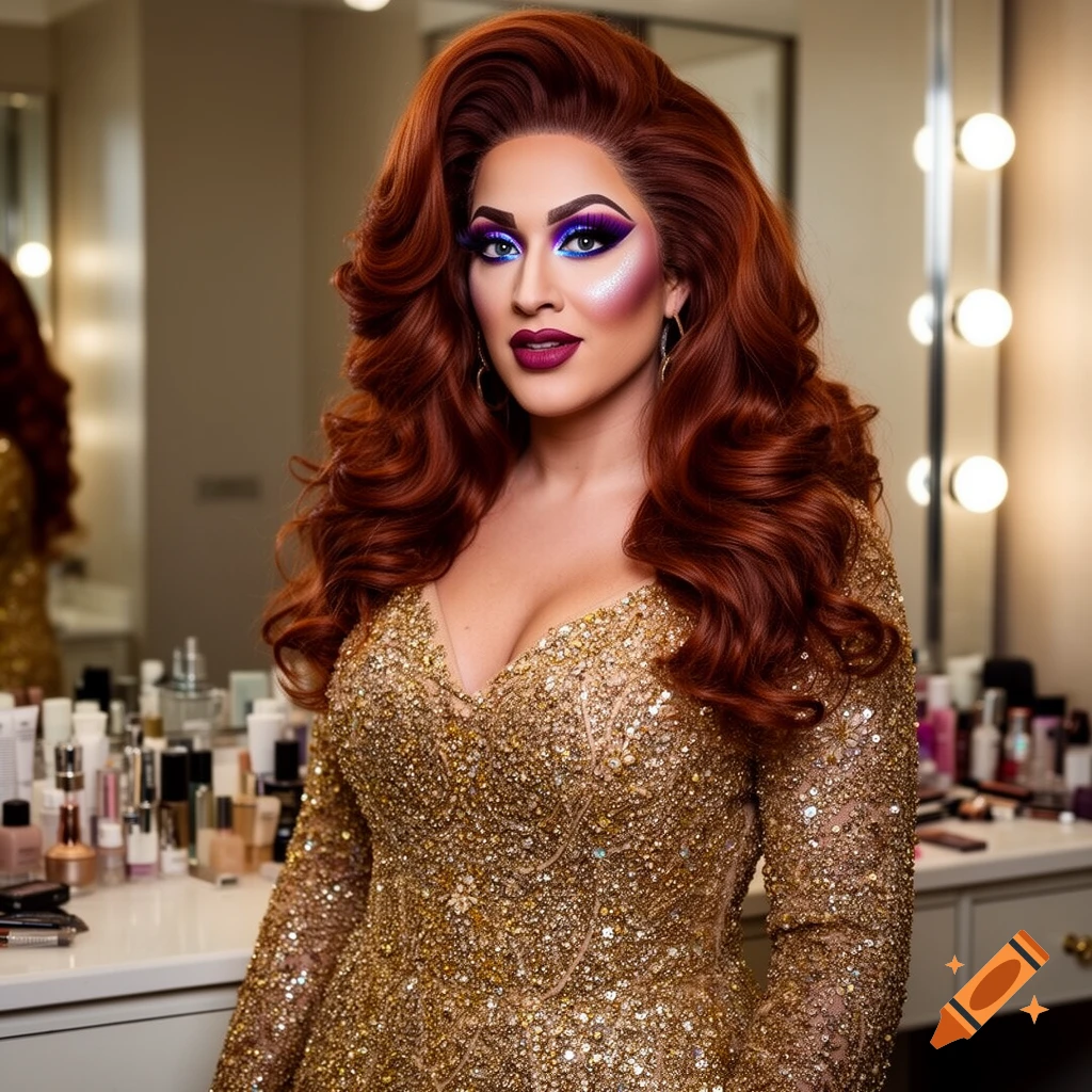 A drag queen with long red hair, vibrant purple and blue makeup, and a sparkling gold sequined gown poses in a dressing room.