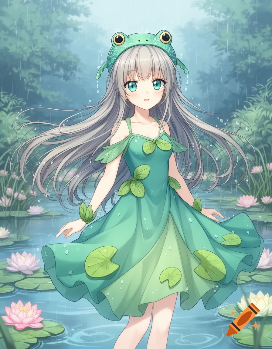 Anime girl with silver hair, frog hat, and green lily pad dress, standing in a rainy pond with water lilies.