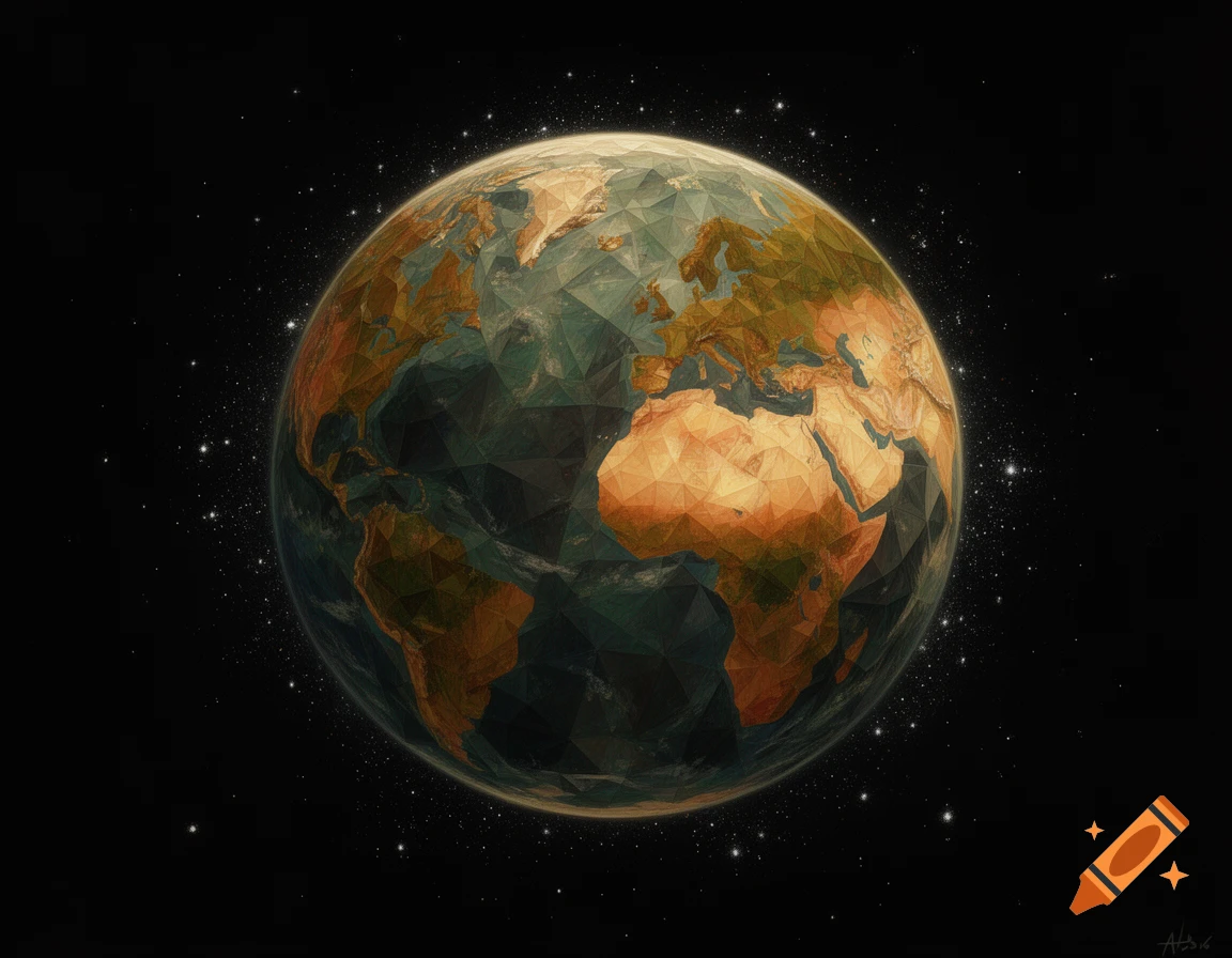 Abstract, geometric planet Earth against a starry black space, with continents in earth tones.