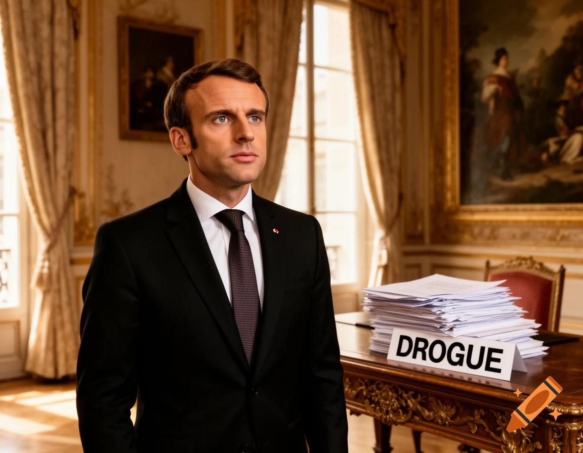 Photorealistic portrait of Emmanuel Macron in a suit, standing in an opulent office with a 'DROGUE' sign on a desk.