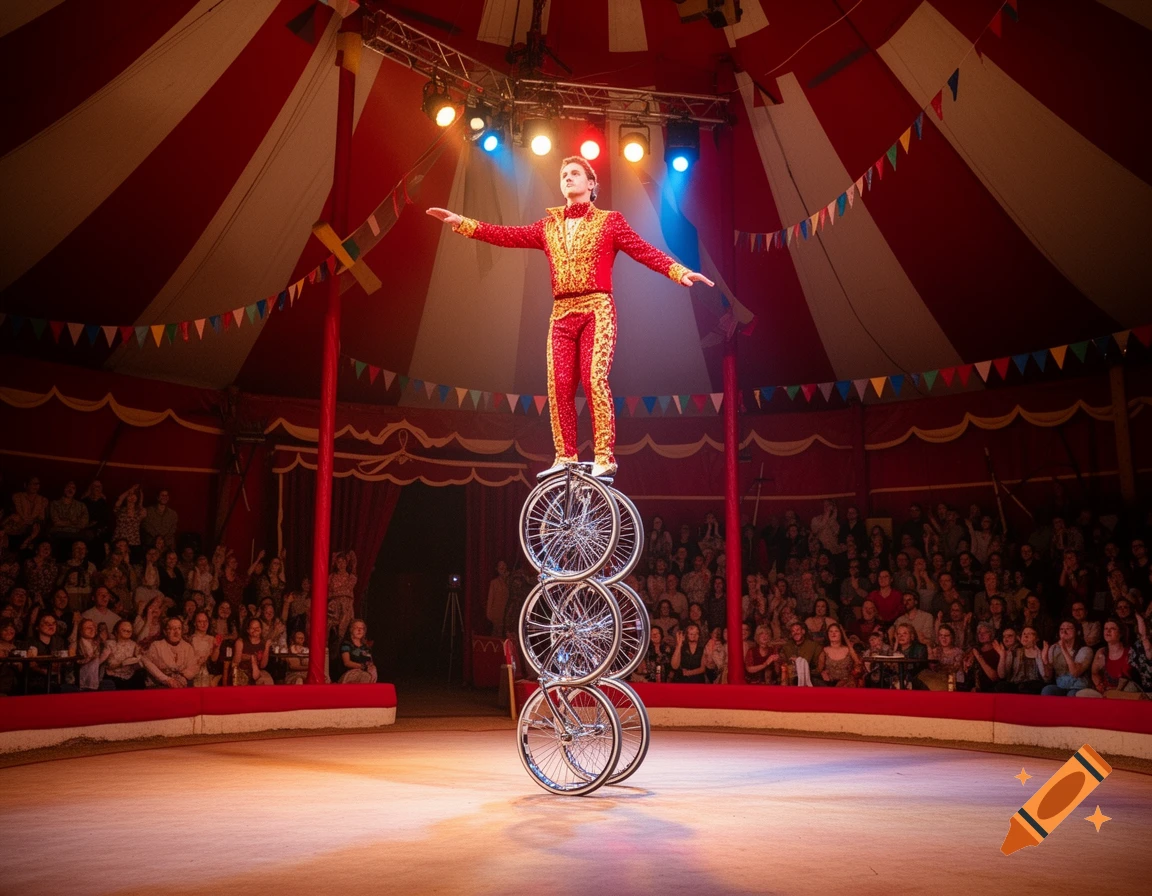 A circus entertainer in a red costume balances on three stacked unicycles inside a red and white striped tent with an audience.