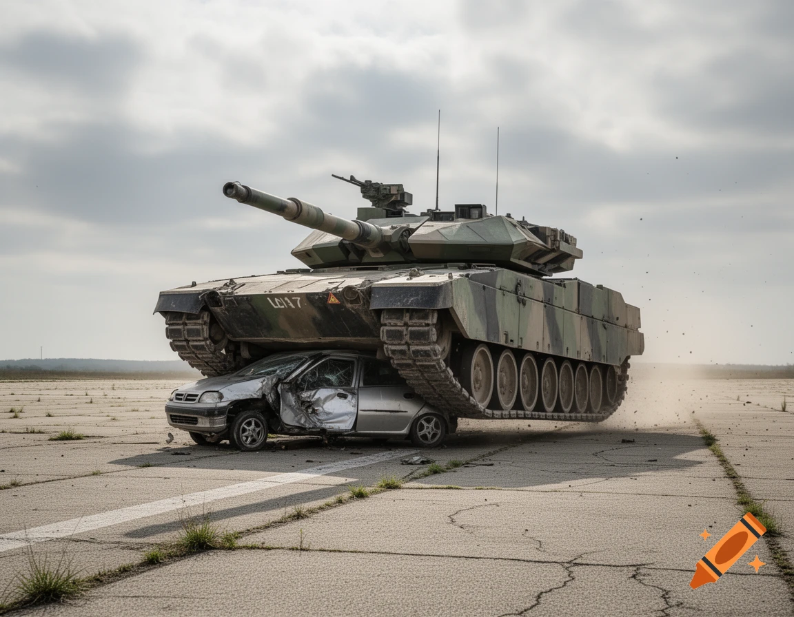 A military tank crushes a silver car on an asphalt surface under a cloudy sky in a photorealistic style.