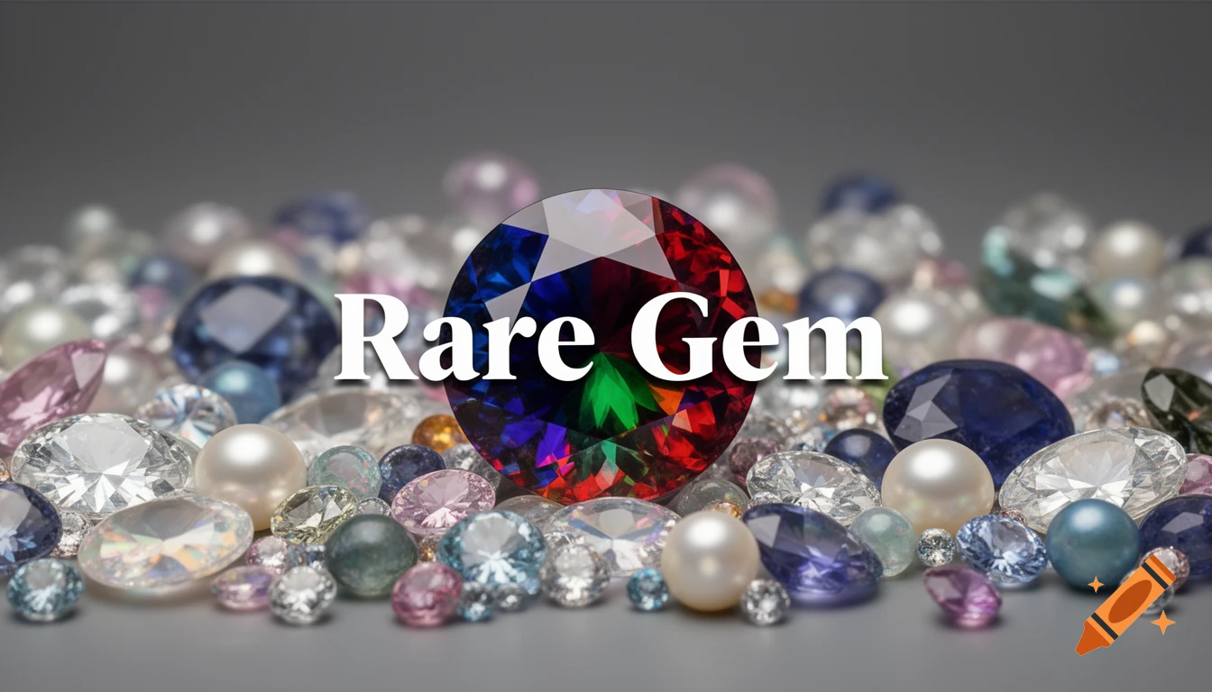 A vibrant, multifaceted rare gem with "Rare Gem" text, surrounded by other sparkling gems and pearls on a grey background.